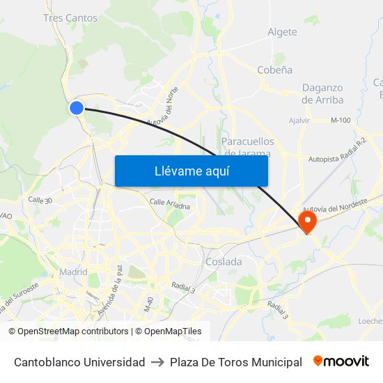 Cantoblanco Universidad to Plaza De Toros Municipal map