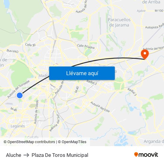 Aluche to Plaza De Toros Municipal map