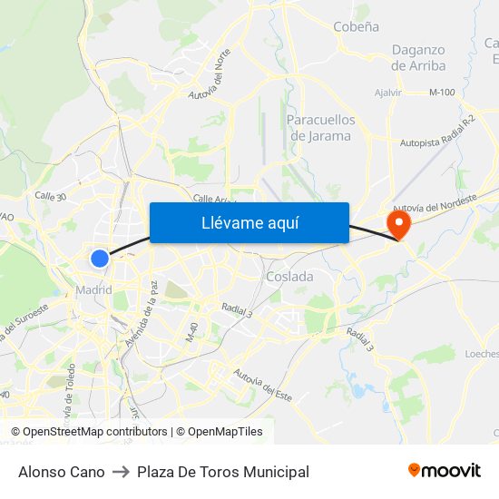 Alonso Cano to Plaza De Toros Municipal map