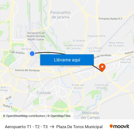 Aeropuerto T1 - T2 - T3 to Plaza De Toros Municipal map