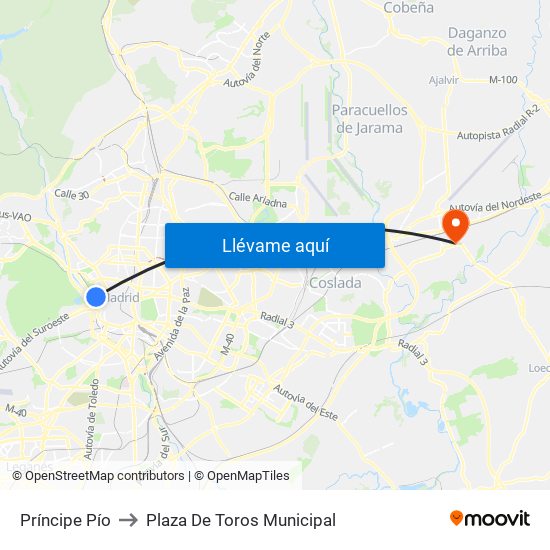 Príncipe Pío to Plaza De Toros Municipal map
