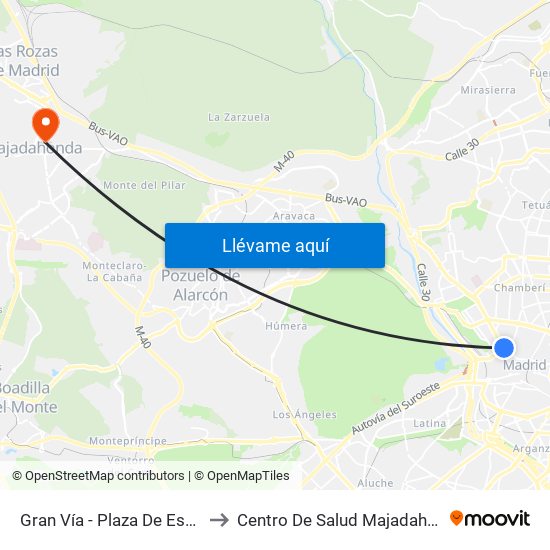 Gran Vía - Plaza De España to Centro De Salud Majadahonda map