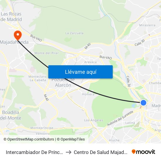 Intercambiador De Príncipe Pío to Centro De Salud Majadahonda map