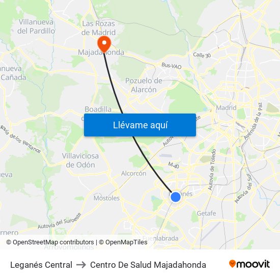 Leganés Central to Centro De Salud Majadahonda map