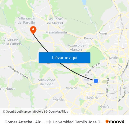 Gómez Arteche - Alzina to Universidad Camilo José Cela map