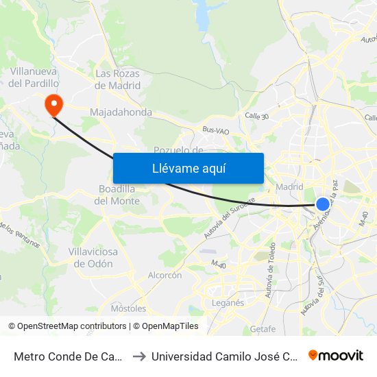 Metro Conde De Casal to Universidad Camilo José Cela map