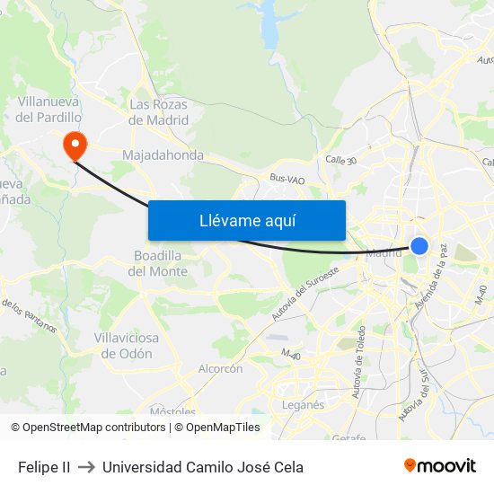 Felipe II to Universidad Camilo José Cela map