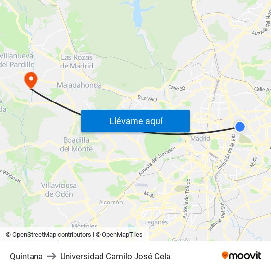 Quintana to Universidad Camilo José Cela map