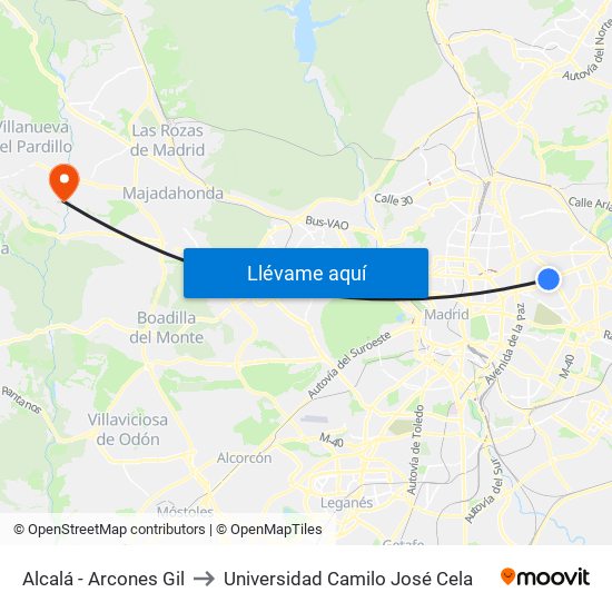 Alcalá - Arcones Gil to Universidad Camilo José Cela map