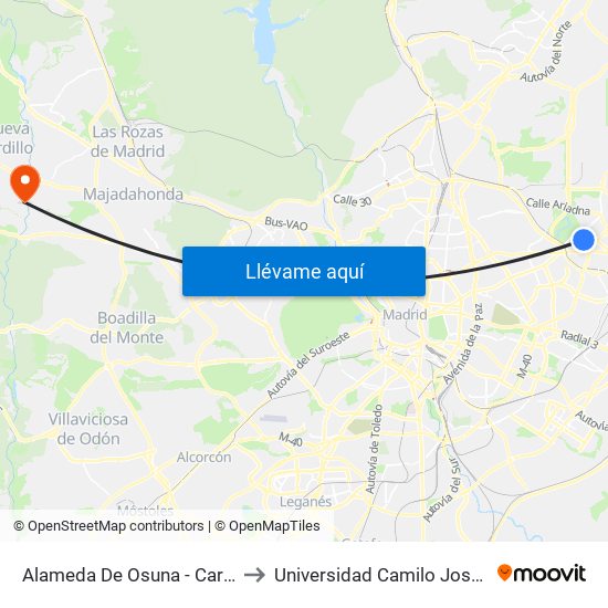 Alameda De Osuna - Carabela to Universidad Camilo José Cela map