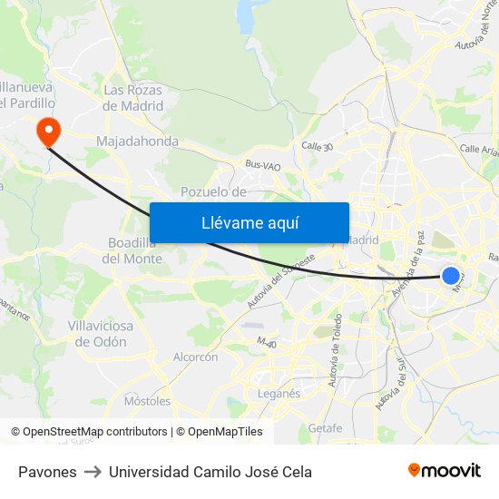 Pavones to Universidad Camilo José Cela map