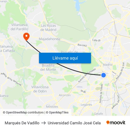 Marqués De Vadillo to Universidad Camilo José Cela map