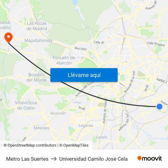Metro Las Suertes to Universidad Camilo José Cela map