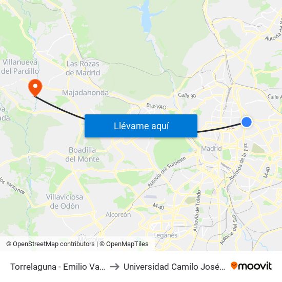Torrelaguna - Emilio Vargas to Universidad Camilo José Cela map