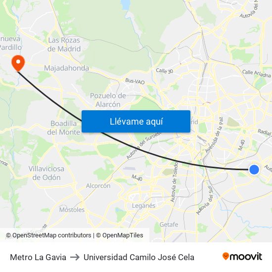 Metro La Gavia to Universidad Camilo José Cela map