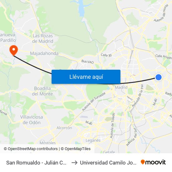 San Romualdo - Julián Camarillo to Universidad Camilo José Cela map