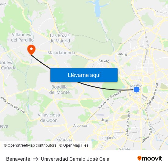 Benavente to Universidad Camilo José Cela map