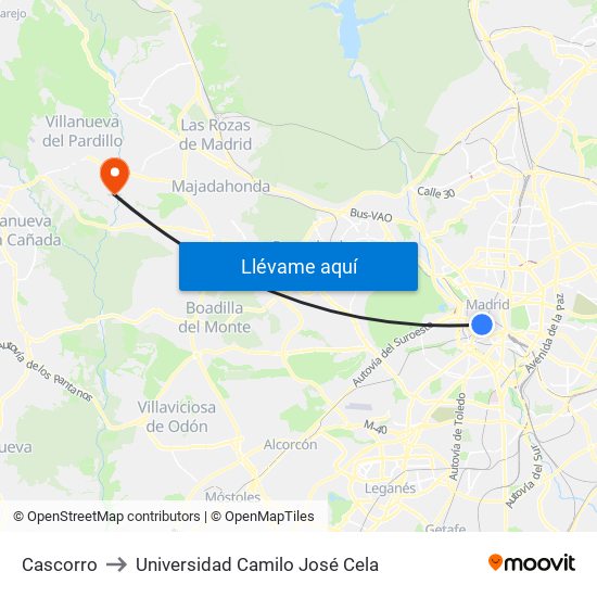 Cascorro to Universidad Camilo José Cela map