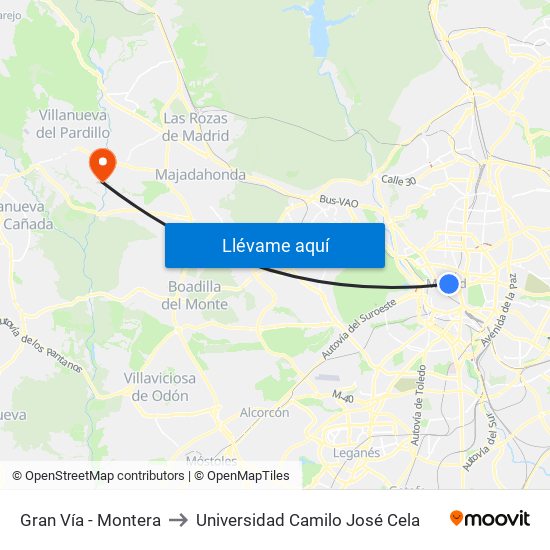 Gran Vía - Montera to Universidad Camilo José Cela map