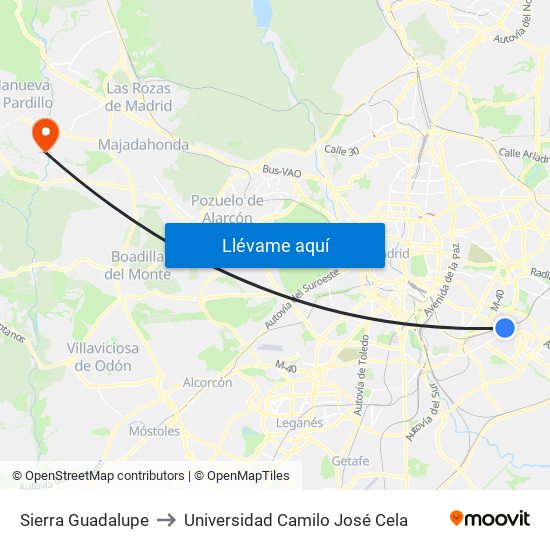 Sierra Guadalupe to Universidad Camilo José Cela map