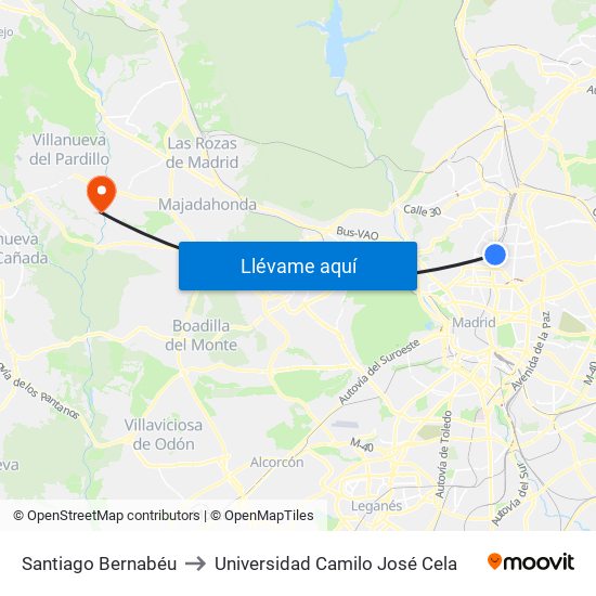 Santiago Bernabéu to Universidad Camilo José Cela map