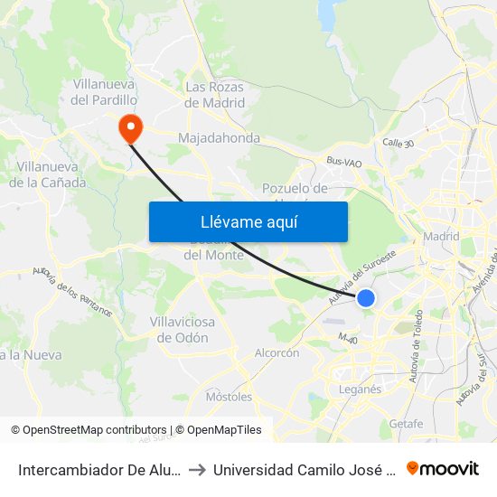 Intercambiador De Aluche to Universidad Camilo José Cela map