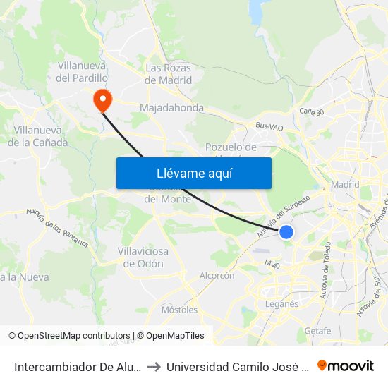 Intercambiador De Aluche to Universidad Camilo José Cela map