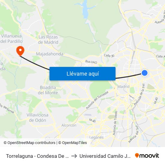 Torrelaguna - Condesa De Venadito to Universidad Camilo José Cela map