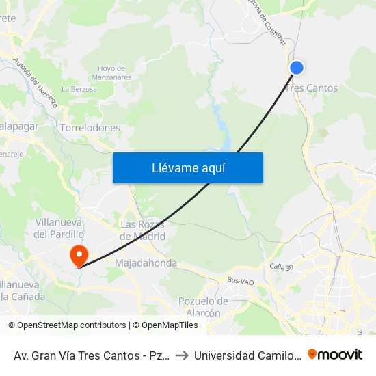 Av. Gran Vía Tres Cantos - Pza. Hoya Tocón to Universidad Camilo José Cela map