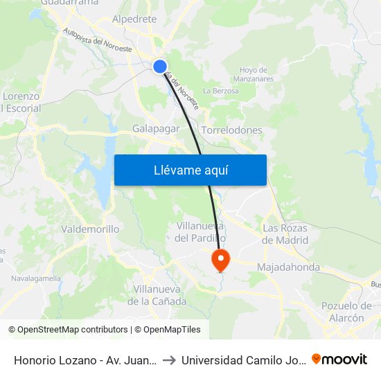 Honorio Lozano - Av. Juan Carlos I to Universidad Camilo José Cela map