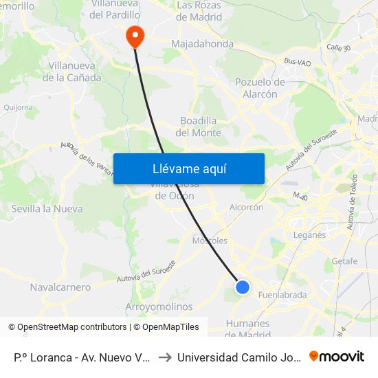 P.º Loranca - Av. Nuevo Versalles to Universidad Camilo José Cela map