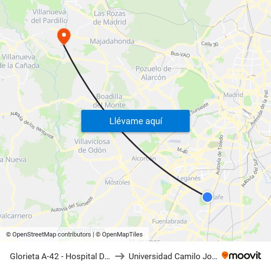 Glorieta A-42 - Hospital De Getafe to Universidad Camilo José Cela map