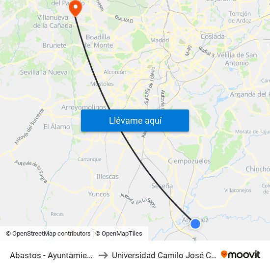 Abastos - Ayuntamiento to Universidad Camilo José Cela map