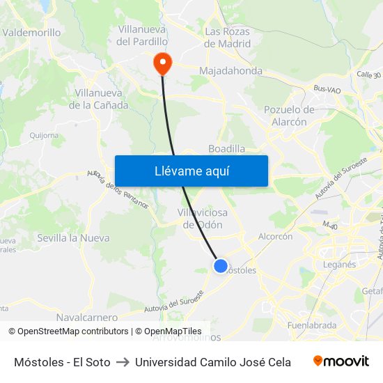 Móstoles - El Soto to Universidad Camilo José Cela map