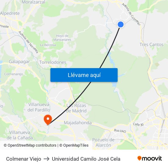 Colmenar Viejo to Universidad Camilo José Cela map
