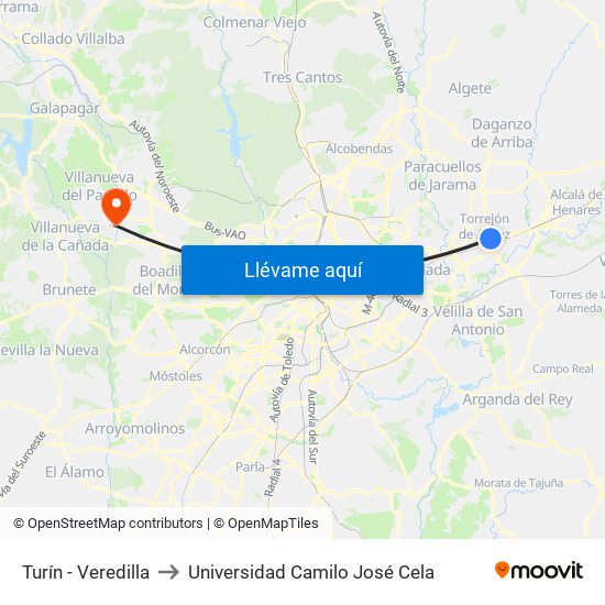 Turín - Veredilla to Universidad Camilo José Cela map