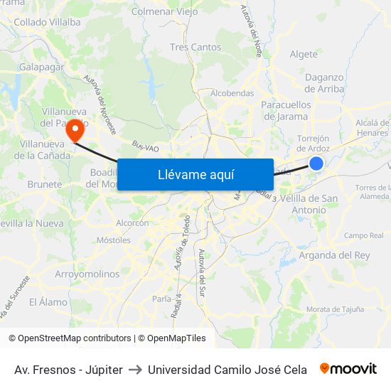 Av. Fresnos - Júpiter to Universidad Camilo José Cela map