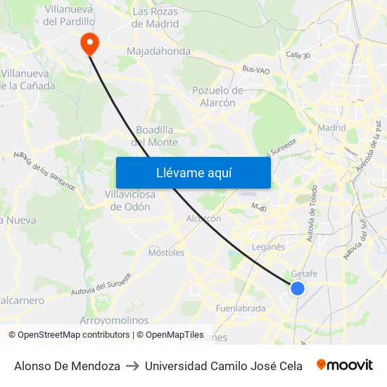 Alonso De Mendoza to Universidad Camilo José Cela map