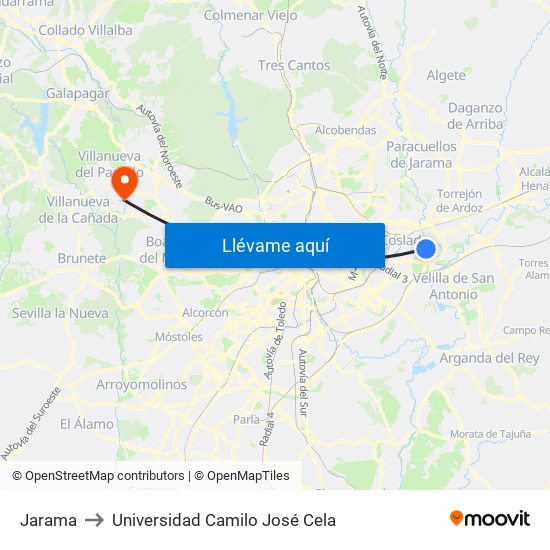 Jarama to Universidad Camilo José Cela map