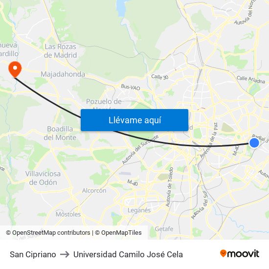 San Cipriano to Universidad Camilo José Cela map