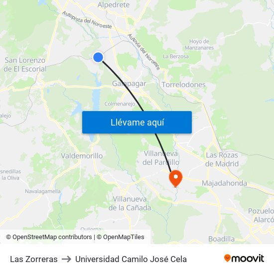 Las Zorreras to Universidad Camilo José Cela map