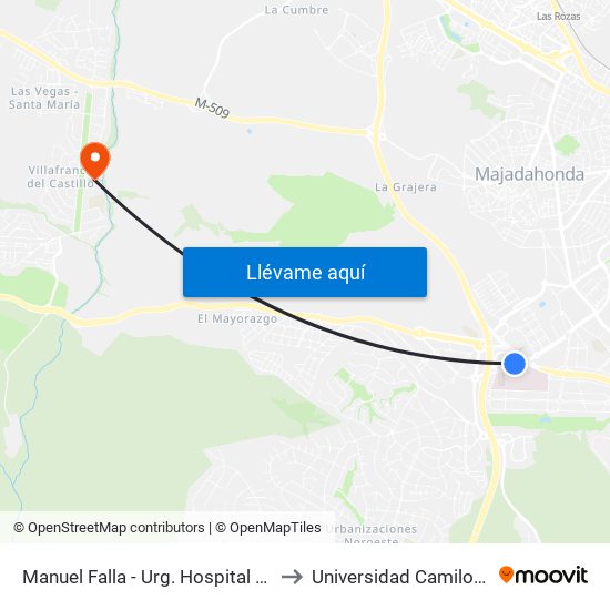 Manuel Falla - Urg. Hospital Pta. De Hierro to Universidad Camilo José Cela map