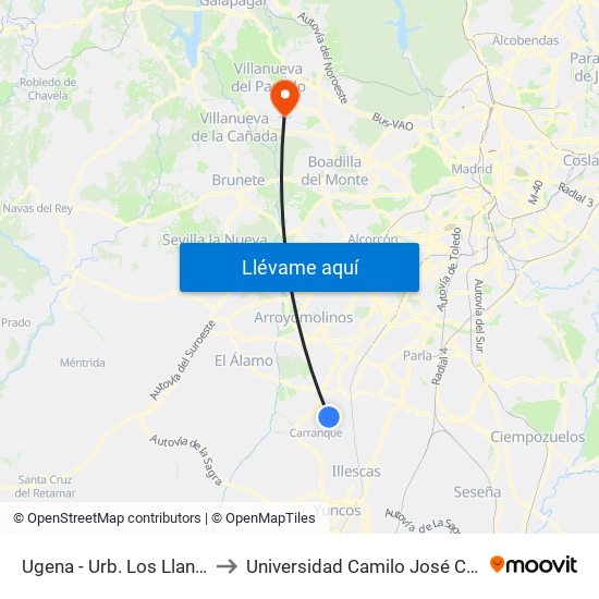 Ugena - Urb. Los Llanos to Universidad Camilo José Cela map
