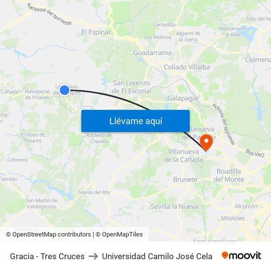 Gracia - Tres Cruces to Universidad Camilo José Cela map