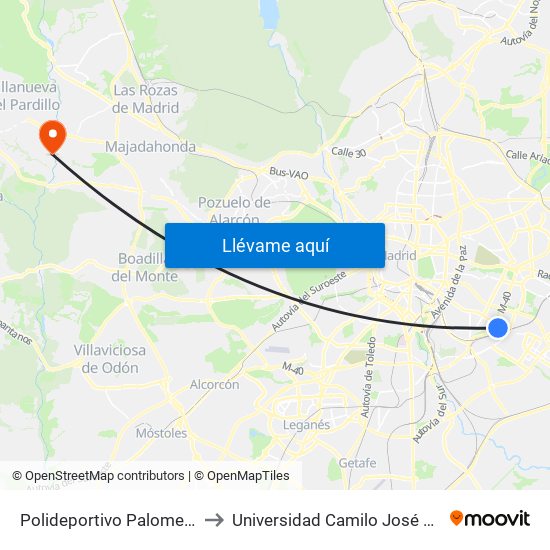 Polideportivo Palomeras to Universidad Camilo José Cela map