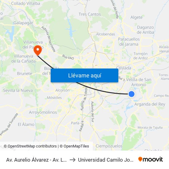 Av. Aurelio Álvarez - Av. Levante to Universidad Camilo José Cela map