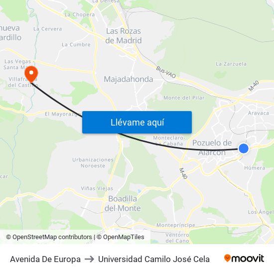 Avenida De Europa to Universidad Camilo José Cela map