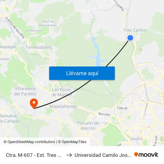 Ctra. M-607 - Est. Tres Cantos to Universidad Camilo José Cela map