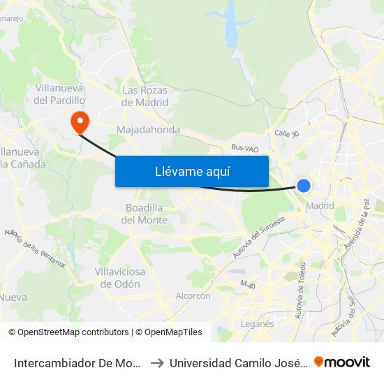 Intercambiador De Moncloa to Universidad Camilo José Cela map