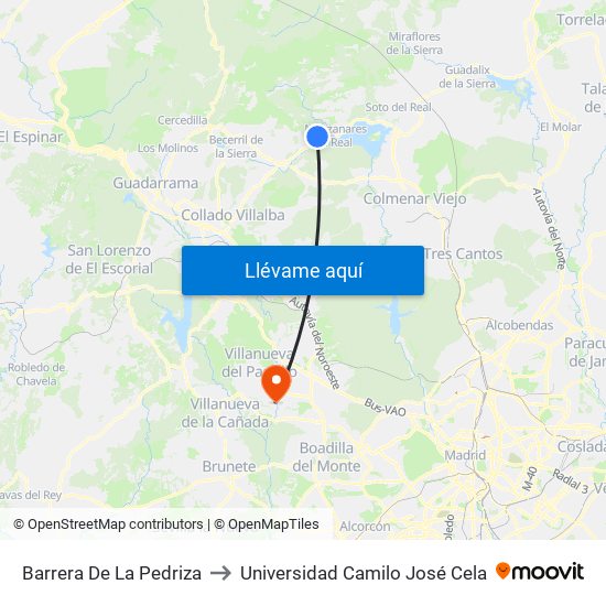 Barrera De La Pedriza to Universidad Camilo José Cela map